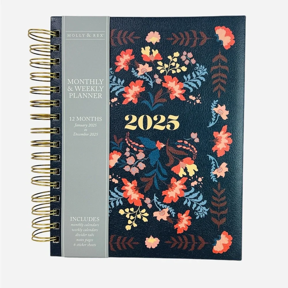 Molly & Rex 2025 Planner Monthly Weekly Blue Floral. Sticker Sheets. Notes